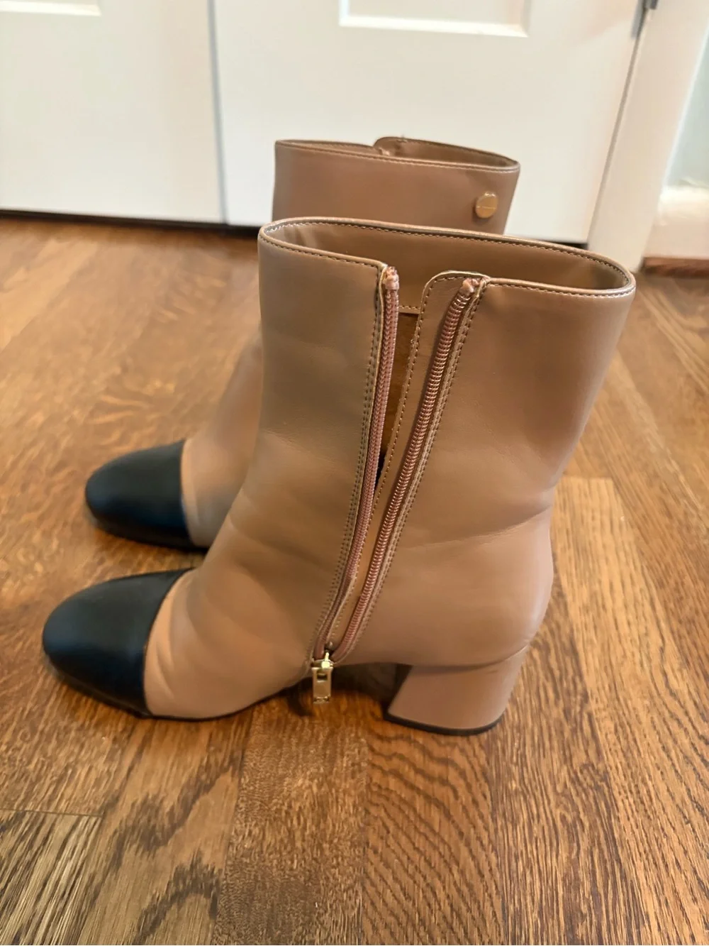 Taupe and Black Two-Tone Leather Ankle Boots